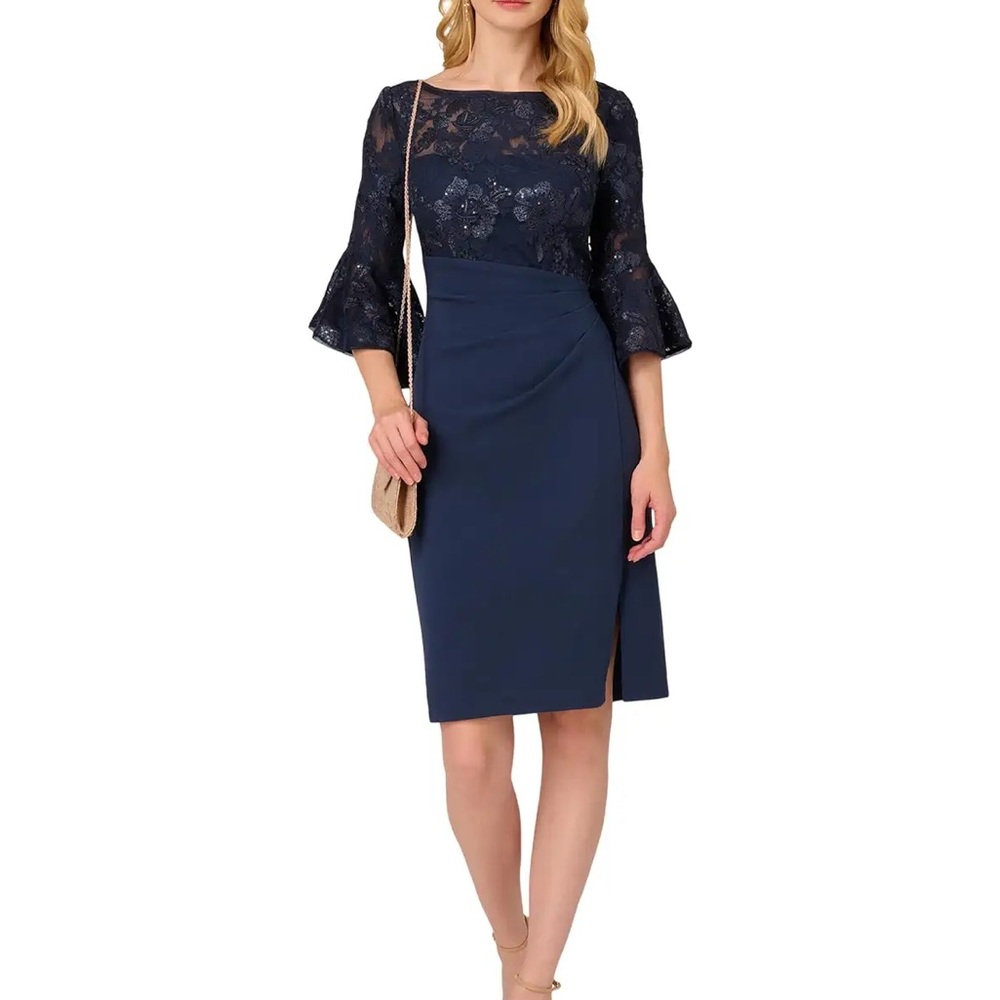 Adrianna Papell floral lace combo dress navy blue size 12
